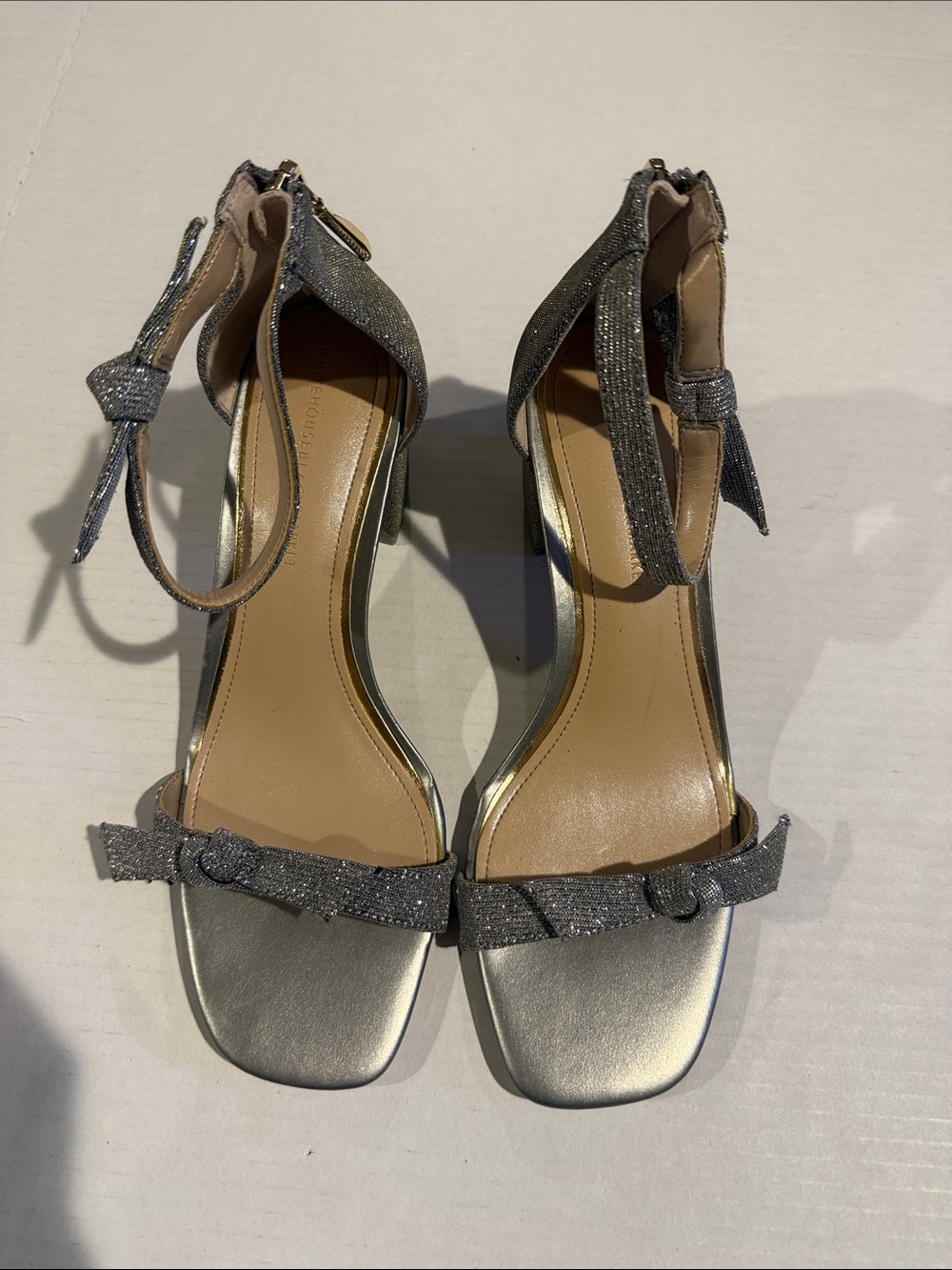 White House Black Market Silver Glitter Ankle-Strap Heels